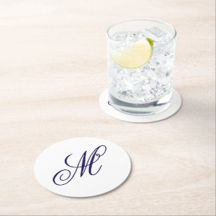 Elegant Navy Blue Monogram Initial  Round Paper Coaster