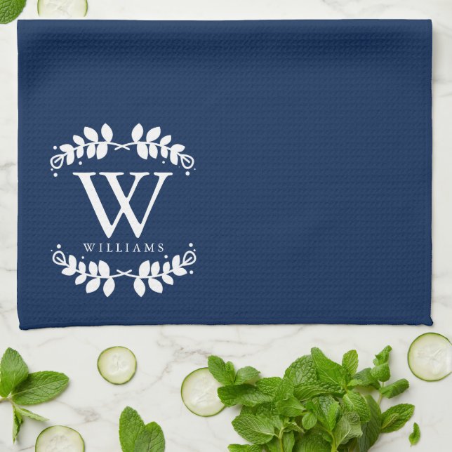 Elegant Navy Blue Monogram Kitchen Towel (Folded)