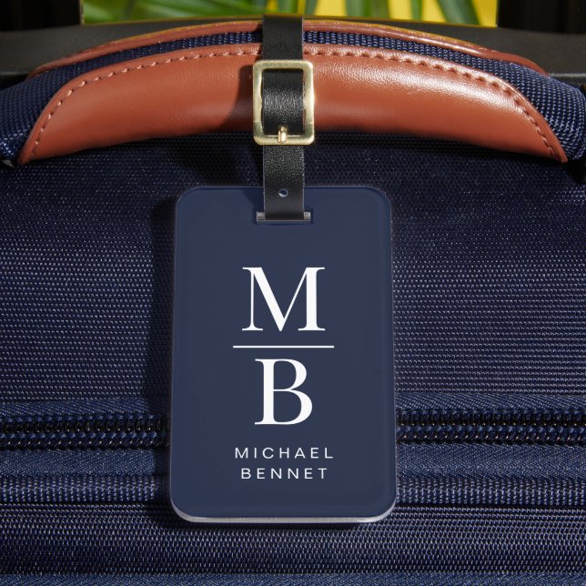 Elegant Navy Blue Monogram Luggage Tag (Front Insitu 2)