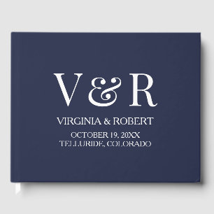 Elegant Navy Blue Monogram   Minimalist Wedding Guest Book