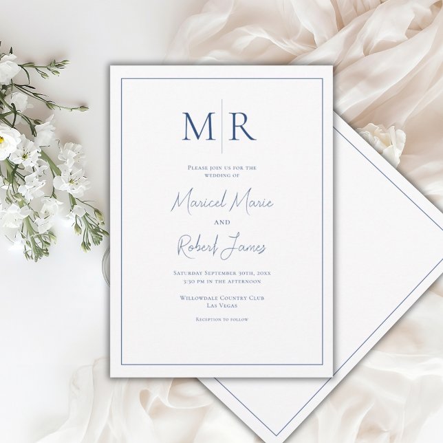Elegant Navy Blue Monogram Modern Wedding Invitation (Creator Uploaded)