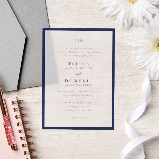 Elegant Navy Blue Monogram Modern Wedding Vellum Invitations (Wedding)