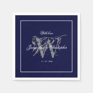Elegant Navy Blue Monogram Names Classic Wedding Napkin