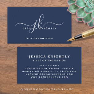 Elegant Navy Blue Monogram Script Initials Business Card