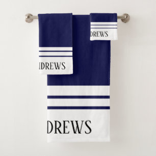 Elegant Navy Blue Monogrammed Name  Bath Towel Set