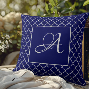Elegant navy Blue Moroccan Damask Monogram Throw Pillow