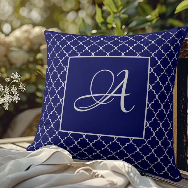 Elegant navy Blue Moroccan Damask Monogram Throw Pillow (Creator Uploaded)
