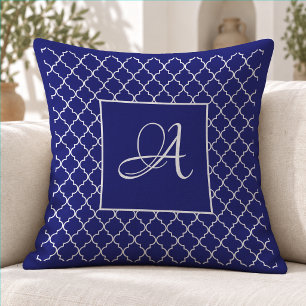 Elegant Navy Blue Moroccan Damask Monogram Throw Pillow
