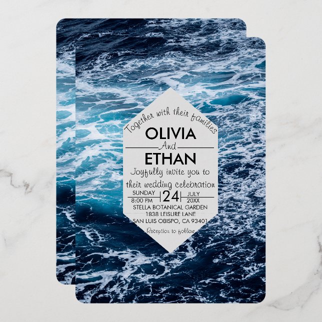 Elegant Navy Blue Ocean Waves Summer Beach Wedding (Front/Back)