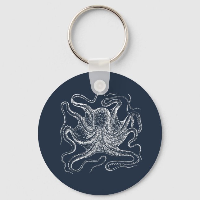 Elegant Navy Blue Octopus Illustration Keychain (Front)