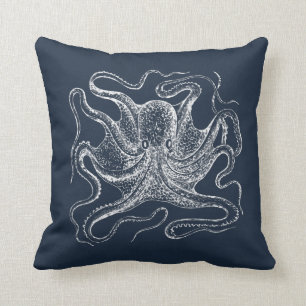 Elegant Navy Blue Octopus Illustration Throw Pillow