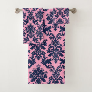 Elegant navy blue on pink vintage floral damasks bath towel set