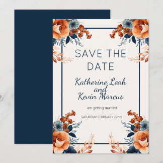 Elegant Navy Blue Orange Floral Save the Date Invitation