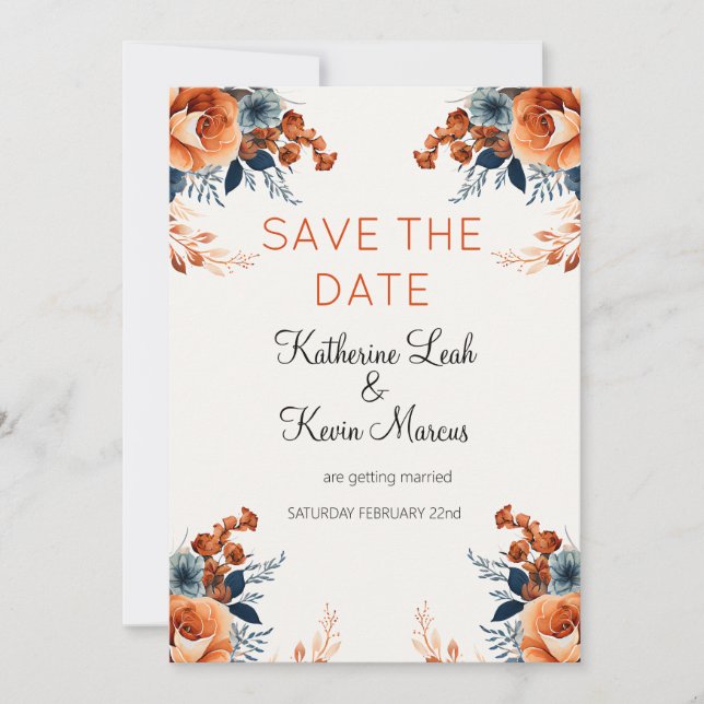 Elegant Navy Blue Orange Floral Save the Date Invitation (Front)