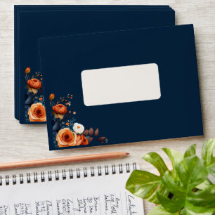 Elegant Navy Blue Orange Floral Wedding Envelope