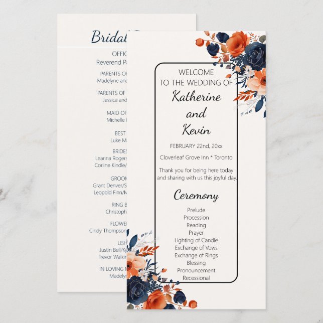 Elegant Navy Blue Orange Floral Wedding Program (Front/Back)