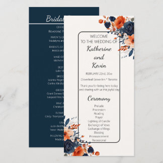 Elegant Navy Blue Orange Floral Wedding Program