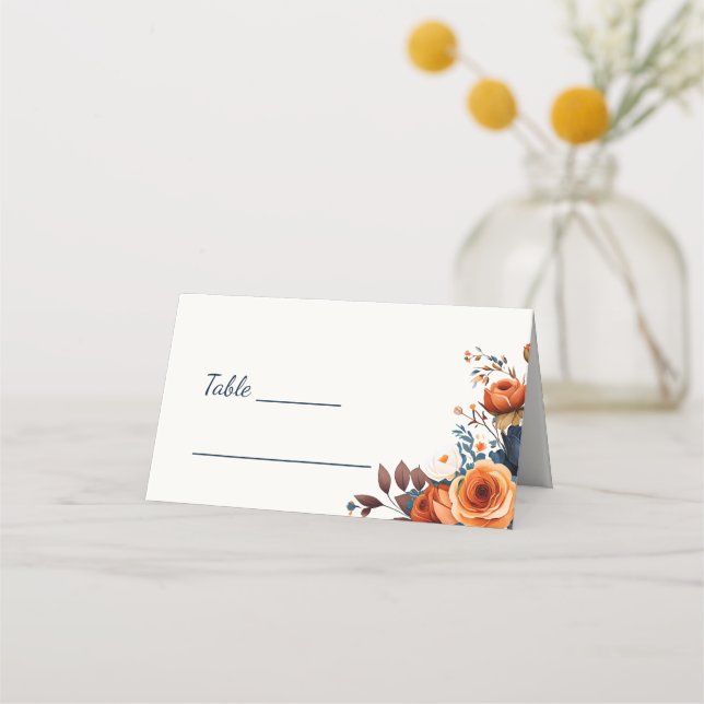 Elegant Navy Blue Orange Floral Wedding Table Place Card (Front)