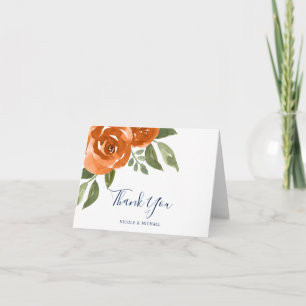 Elegant Navy Blue Orange Watercolor Floral Wedding Thank You Card