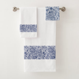 Elegant Navy-Blue Paisley Stripe Bath Towel Set