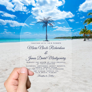 Elegant Navy Blue Palm Formal Beach Wedding Acrylic Invitations