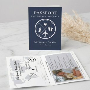 Elegant Navy Blue  Passport Photo Baby Shower  Invitation