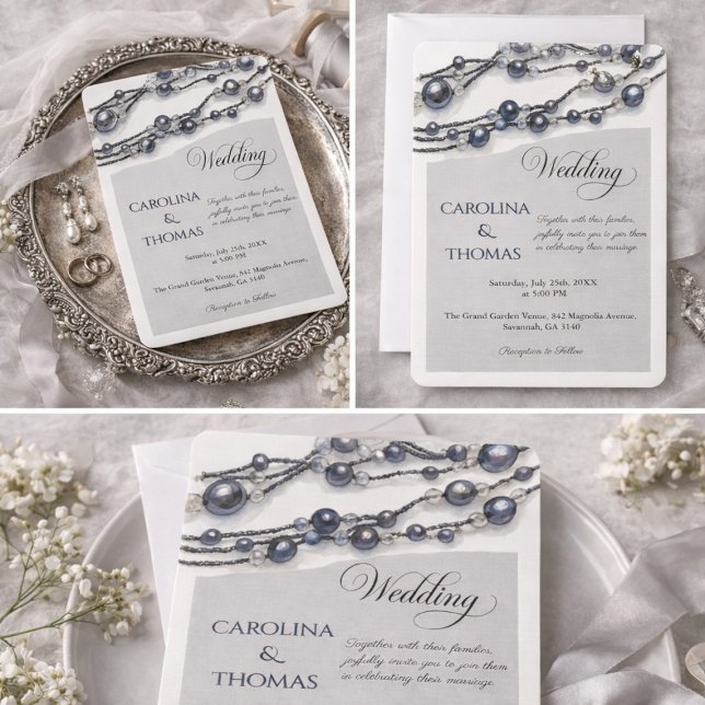 Elegant Navy Blue Pearl Watercolor Modern Wedding  Invitation (Creator Uploaded)