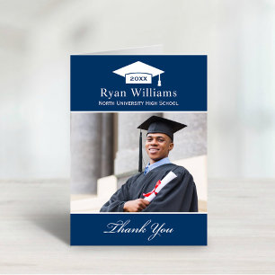 Elegant Navy Blue Personalized Graduation Photo Thank You Card