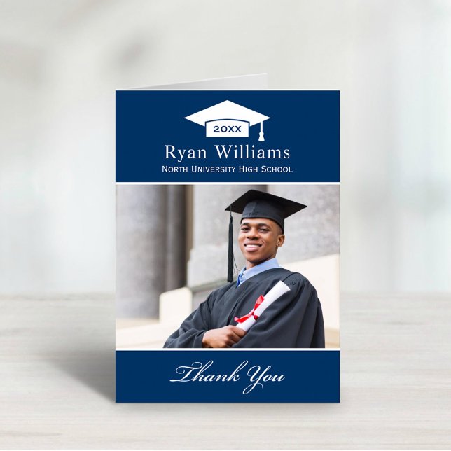 Elegant Navy Blue Personalized Graduation Photo Thank You Card (Creator Uploaded)