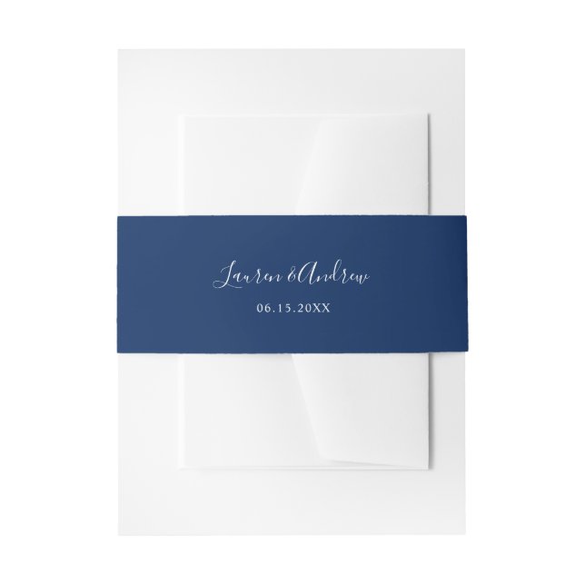 Elegant Navy Blue Personalized Wedding Invitation Belly Band (Front Example)