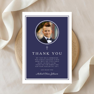 Elegant Navy Blue Photo Boy First Communion Thank You Card