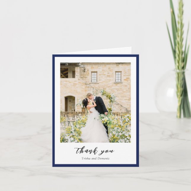 Elegant Navy Blue Photo Modern Wedding Thank You Card (Front)