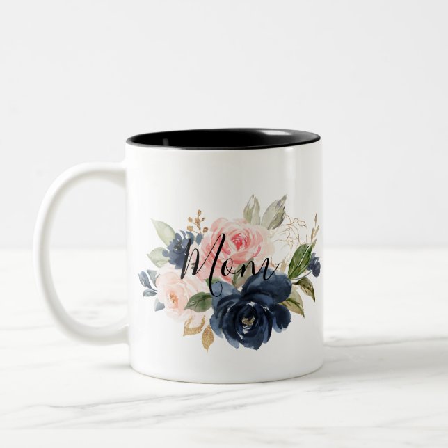 Elegant Navy Blue Pink Blush Floral Mom   Two-Tone Coffee Mug (Left)