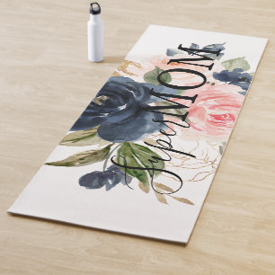 Elegant Navy Blue Pink Blush Floral Super Mom  Yoga Mat