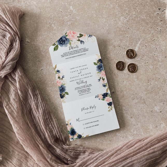 Elegant Navy Blue Pink Blush Gold Floral Wedding  All In One Invitation (Creator Uploaded)