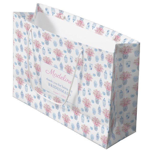 Elegant Navy Blue & Pink Bridesmaids Thank You Large Gift Bag (Front Angled)