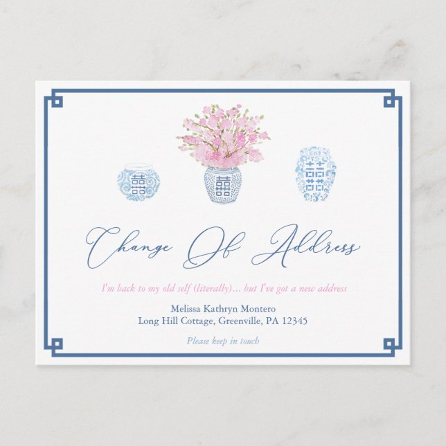 Elegant Navy Blue Pink Divorce Change Of Address Announcement Postcard (Front)