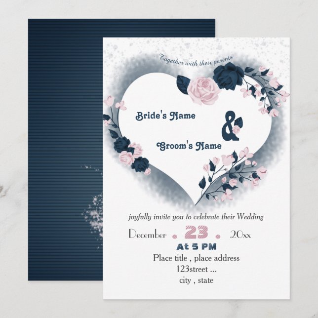 elegant navy blue & pink floral heart wedding invitation (Front/Back)