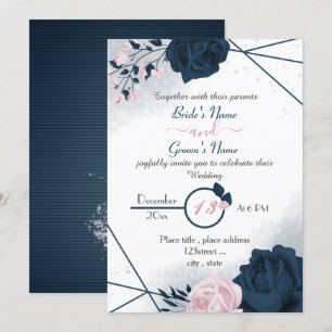 elegant navy blue & pink flowers wedding invitation