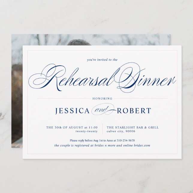 Elegant Navy Blue Pink Rehearsal Dinner Invitation (Front/Back)