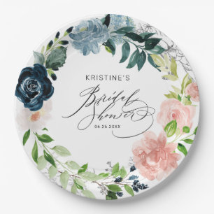 Elegant Navy Blue Pink Rose Floral Bridal Shower Paper Plate