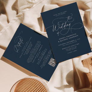 Elegant Navy Blue QR Code All in one Wedding Invitation