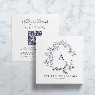 Elegant Navy Blue QR Code Monogram Floral Crest Square Business Card