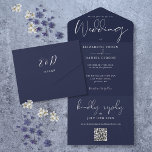 Elegant Navy Blue QR Code Monogram Wedding All In One Invitation<br><div class="desc">All in one wedding invitation featuring elegant typography on a navy blue background. The invitation includes a perforated RSVP card featuring a QR code. Designed by Thisisnotme©</div>