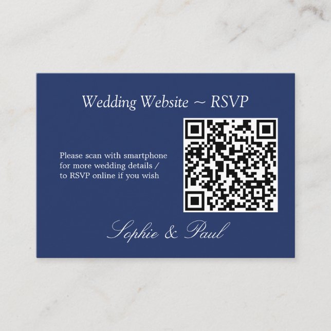 Elegant Navy Blue QR Code Site Web Carte RSVP (Devant)