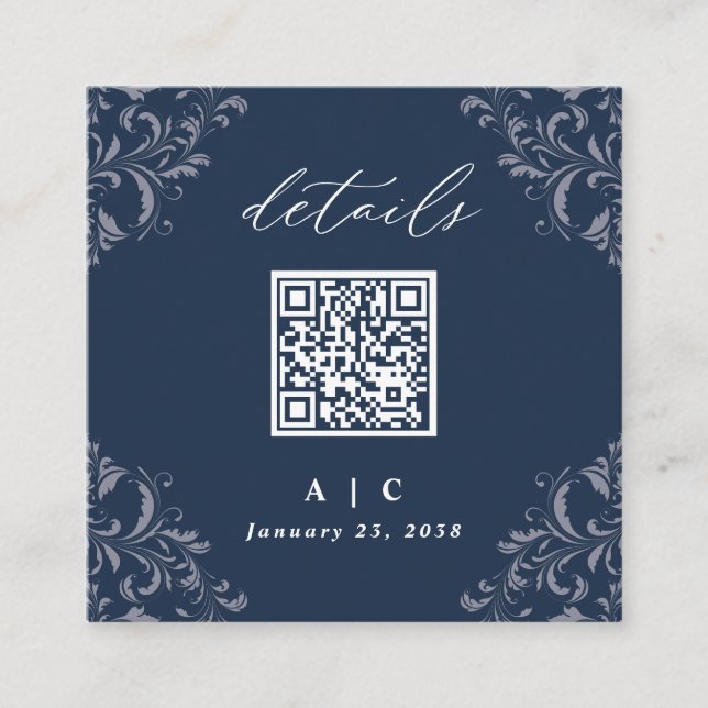 Elegant Navy Blue QR Code Wedding Details Enclosur Enclosure Card (Front)