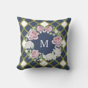 Elegant Navy Blue Quatrefoil Rose Wreath Monogram Throw Pillow
