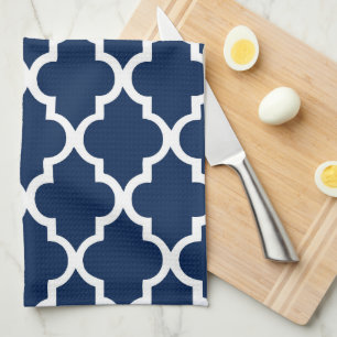 Elegant Navy Blue Quatrefoil Tiles Pattern Kitchen Towel
