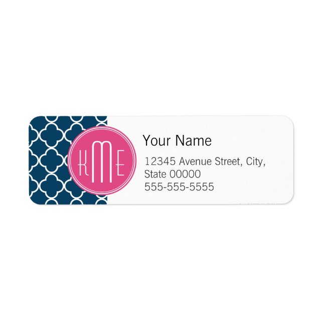 Elegant Navy Blue Quatrefoil with Pink Monogram (Front)