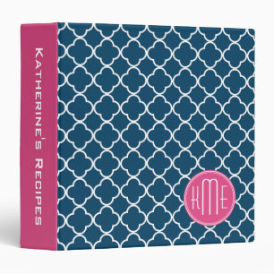 Elegant Navy Blue Quatrefoil with Pink Monogram Binder